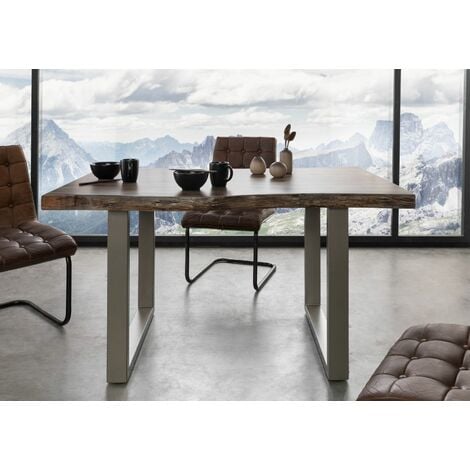 FREEFORM 5 Tavolo da pranzo in legno di acacia - laccato grigio / gambe in ferro - argento mat 140x90x77