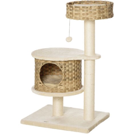 PawHut Tiragraffi per Gatti da 98cm con Casetta e Cuccia in Rattan e Pali Sisal
