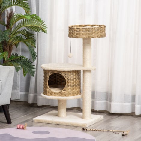 PawHut Tiragraffi per Gatti da 98cm con Casetta e Cuccia in Rattan e Pali Sisal