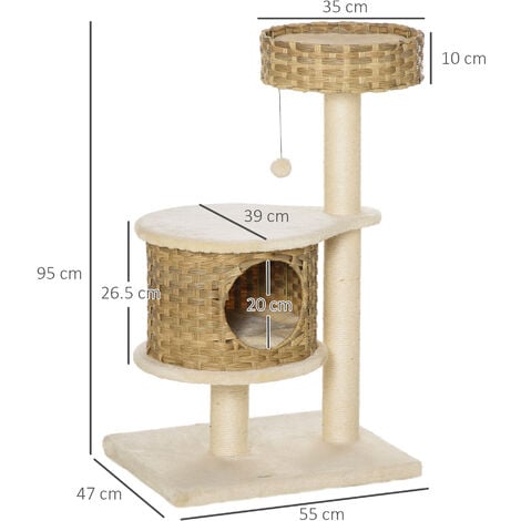PawHut Tiragraffi per Gatti da 98cm con Casetta e Cuccia in Rattan e Pali Sisal