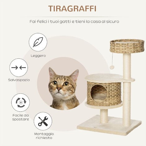 PawHut Tiragraffi per Gatti da 98cm con Casetta e Cuccia in Rattan e Pali Sisal