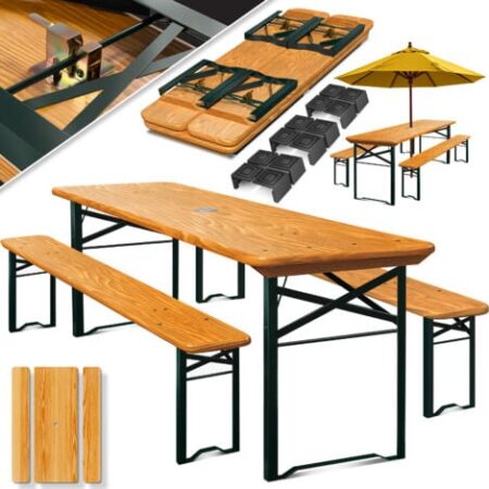 KESSER® Set tenda da birra Set di mobili da giardino 3 pezzi  pieghevole 170 x 46 x 75cm  2X panche da birra 1x tavolo da birra  set tavolo da bar per birra  marrone chiaro, 170cm x 46cm