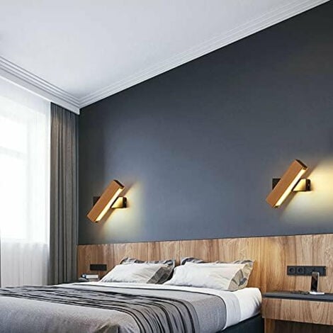 GOECO Applique da Parete LED Interna, Applique LED Rotante a 360° in Legno Massiccio, Lampada da Parete Moderna per Camera da Letto, Nero, Luce Calda 3000K