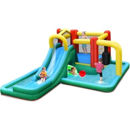 GOPLUS Castello Gonfiabile per 4 Bambini tra 3 e 10 Anni con Scivolo e Trampolino , Funzione di Gettare L’acqua, in Tessuto Oxford, Portata Massima di 120 KG, 470x370x190 cm (senza compressore)