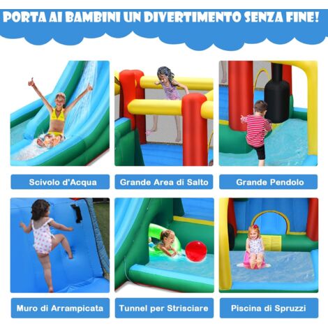 GOPLUS Castello Gonfiabile per 4 Bambini tra 3 e 10 Anni con Scivolo e Trampolino , Funzione di Gettare L’acqua, in Tessuto Oxford, Portata Massima di 120 KG, 470x370x190 cm (senza compressore)