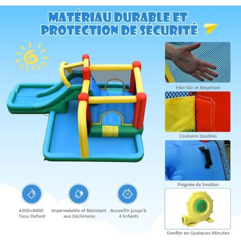 GOPLUS Castello Gonfiabile per 4 Bambini tra 3 e 10 Anni con Scivolo e Trampolino , Funzione di Gettare L’acqua, in Tessuto Oxford, Portata Massima di 120 KG, 470x370x190 cm (senza compressore)