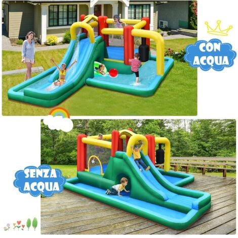 GOPLUS Castello Gonfiabile per 4 Bambini tra 3 e 10 Anni con Scivolo e Trampolino , Funzione di Gettare L’acqua, in Tessuto Oxford, Portata Massima di 120 KG, 470x370x190 cm (senza compressore)