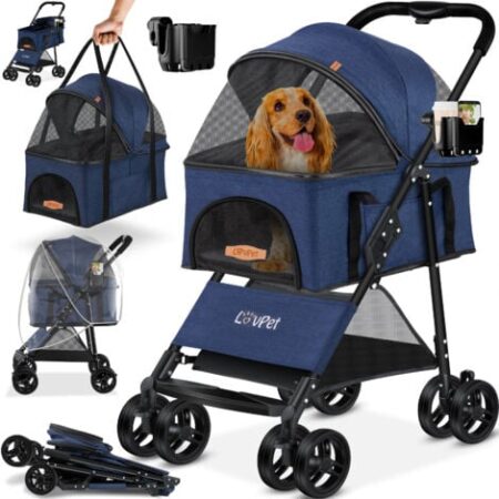 LOVPET® Passeggino per cani 2in1 Dog Buggy Borsa da trasporto per cani Box pieghevole fino a 20 kg Pets Buggy con finestre a rete e copertura antipioggia Jogger Blu