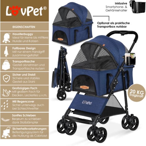 LOVPET® Passeggino per cani 2in1 Dog Buggy Borsa da trasporto per cani Box pieghevole fino a 20 kg Pets Buggy con finestre a rete e copertura antipioggia Jogger  Blu