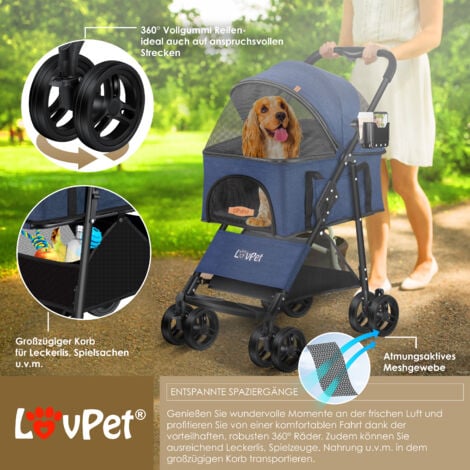 LOVPET® Passeggino per cani 2in1 Dog Buggy Borsa da trasporto per cani Box pieghevole fino a 20 kg Pets Buggy con finestre a rete e copertura antipioggia Jogger  Blu