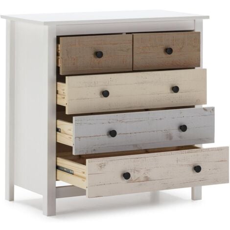 Cassettiera Magda Bianco con 5 cassetti di Diversi Colori, Realizzato in Pino Massiccio