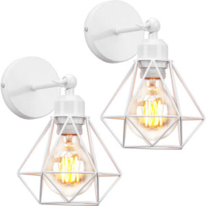 Lampada da Parete Interni, Industriale Stile Applique in Metallo, Illuminazione da Parete Gabbia Diamante Regolabile 180° per Soggiorno Camera da Letto Corridoio (2X Bianco)