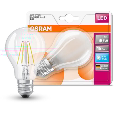 OSRAM Lampada LED - E27 - Bianco freddo - 4000 K - 4 W - Sostituisce lampade ad incandescenza 40W - chiara - LED Retrofit CLASSIC A
