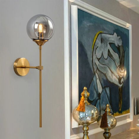 COMELY Lampada da parete in vetro dorato con paralume grigio fumé per attacco E14 per camera da letto soggiorno corridoio (lampadina non inclusa)