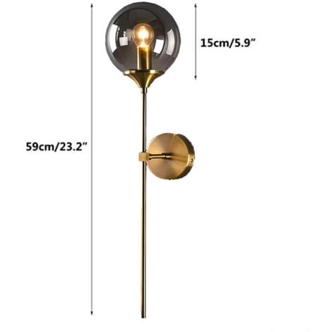 COMELY Lampada da parete in vetro dorato con paralume grigio fumé per attacco E14 per camera da letto soggiorno corridoio (lampadina non inclusa)