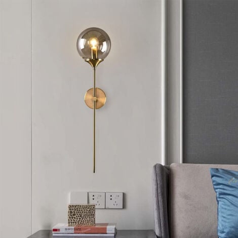COMELY Lampada da parete in vetro dorato con paralume grigio fumé per attacco E14 per camera da letto soggiorno corridoio (lampadina non inclusa)