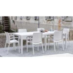 Dmora – Tavolo da esterno Abbaviva, Ripiano rettangolare allungabile da pranzo, Tavolo da giardino estensibile effetto rattan, 100% Made in Italy, 150/220x90h72 cm, Bianco