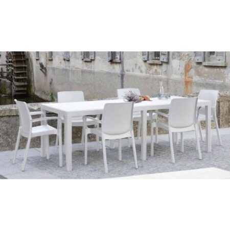Dmora - Tavolo da esterno Abbaviva, Ripiano rettangolare allungabile da pranzo, Tavolo da giardino estensibile effetto rattan, 100% Made in Italy, 150/220x90h72 cm, Bianco