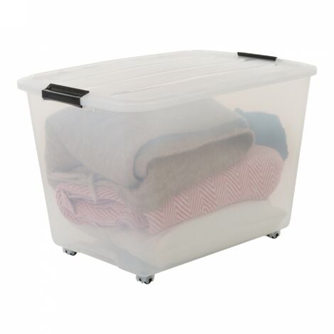 Iris Ohyama, Scatola portaoggetti in plastica, Scatola portaoggetti per ufficio 60L, Lotto di 4, TBR-60, Trasparente, Impilabile, Clip di chiusura - L39 x P57 x A38 cm