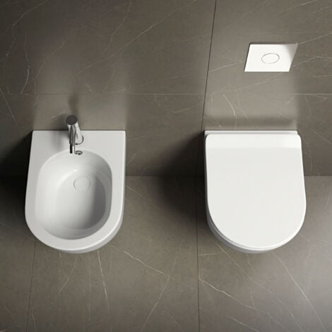 Sanitari sospesi SALVASPAZIO WC e Bidet in Ceramica Copriwater soft-close LEVANTE Bianco