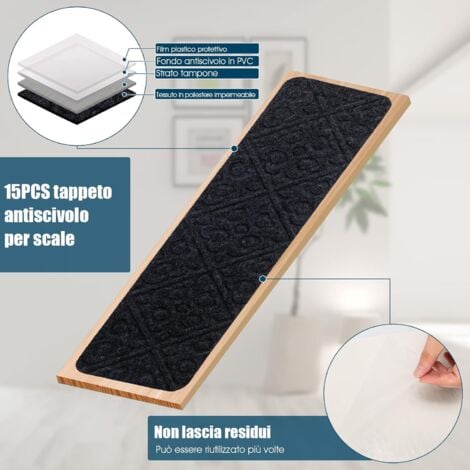 COSTWAY 15 Tappetini Antiscivolo per Scale 76 x 20 cm, Tappeti Antiscivolo per Gradini di Scale di Legno da Interno, Tappetini Impermeabili per Scale per Bambini, Anziani e Animali, Grigio