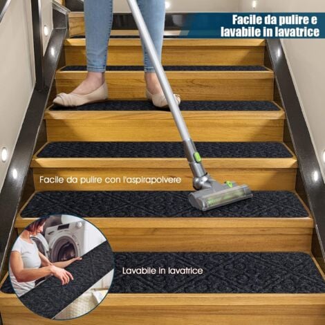 COSTWAY 15 Tappetini Antiscivolo per Scale 76 x 20 cm, Tappeti Antiscivolo per Gradini di Scale di Legno da Interno, Tappetini Impermeabili per Scale per Bambini, Anziani e Animali, Grigio