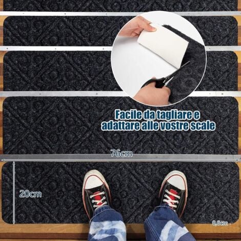 COSTWAY 15 Tappetini Antiscivolo per Scale 76 x 20 cm, Tappeti Antiscivolo per Gradini di Scale di Legno da Interno, Tappetini Impermeabili per Scale per Bambini, Anziani e Animali, Grigio
