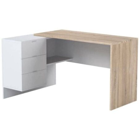Dmora - Scrivania Agnello, Scrittoio multifunzione reversibile da ufficio con cassettiera, Tavolo da studio o ufficio porta PC ad angolo, 145x108h73 cm, Rovere e Bianco