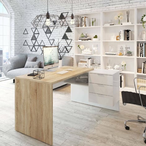 Dmora - Scrivania Agnello, Scrittoio multifunzione reversibile da ufficio con cassettiera, Tavolo da studio o ufficio porta PC ad angolo, 145x108h73 cm, Rovere e Bianco
