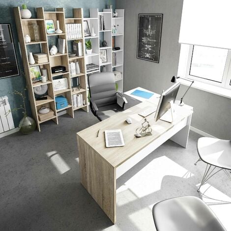 Dmora - Scrivania Agnello, Scrittoio multifunzione reversibile da ufficio con cassettiera, Tavolo da studio o ufficio porta PC ad angolo, 145x108h73 cm, Rovere e Bianco