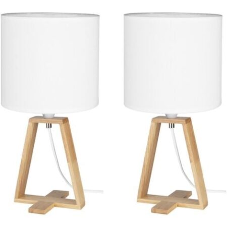 NUTS - (2 uds) Lámpara de Mesa de Estilo Nórdico. Para Mesita de Noche de Madera Natural y Textil de Color Blanco. E27