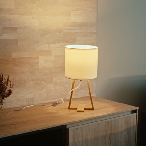 NUTS - (2 uds) Lámpara de Mesa de Estilo Nórdico. Para Mesita de Noche de Madera Natural y Textil de Color Blanco. E27
