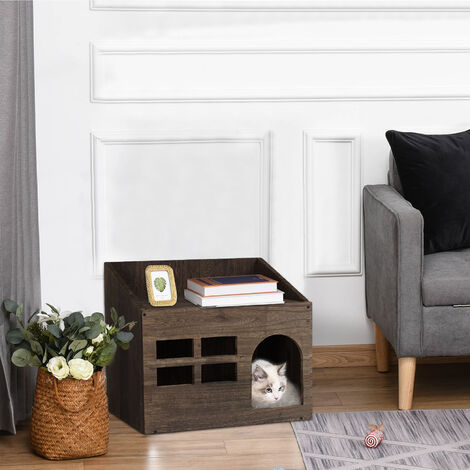 Casetta per gatto interno, cuccia gatto esterno casetta per gatto in legno cuccia per gatto in legno casa per gatti cuccia gatto chiusa con mobili nascosti con cuscino 47 x 35 x 42 cm