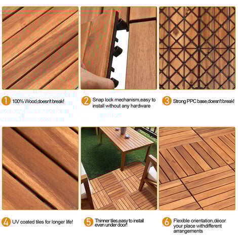 Hengda 22 Pezzi Piastrelle in Legno Massiccio di Acacia 30x30cm. Piastrelle da Esterno e Interno per Patio Balcone