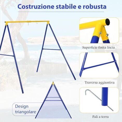 COSTWAY Struttura di Metallo per Altalena, Struttura ad A Resistente per Altalena, con Paletti e 2 Modi per Appenderla, Capacità di Peso 200kg, Ideale per Attività Interne ed Esterne (Blu e Giallo)