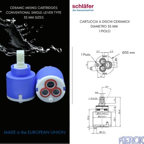 480037 Schläfer  Cartuccia Rubinetto Miscelatore 35mm, Cartuccia di Ricambio in Ceramica Bassa con 2 Piedini, Per Rubinetti Miscelatori Monocomando di Cucina, Bagno, Doccia e Vasca