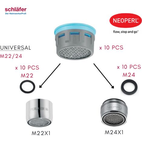 Schläfer 01802002  Rompigetto Anticalcare Universale per Rubinetto M22-M24, Cartuccia Filtro Universale Perlator Long Life Classe A da 13.5 lit/min, Compatibile con Aeratore Neoperl, 10 pezzi