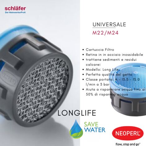Schläfer 01802002  Rompigetto Anticalcare Universale per Rubinetto M22-M24, Cartuccia Filtro Universale Perlator Long Life Classe A da 13.5 lit/min, Compatibile con Aeratore Neoperl, 10 pezzi