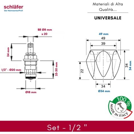 Schläfer 4502816  Pomolo, Manopola per Gruppo Rubinetto Lavello, Kit Ricambio Rubinetto Bagno e Cucina Universale, Coppia Maniglia in metallo CALDO e FREDDO con Vitoni Meccanici 1/2" G - diam 20mm