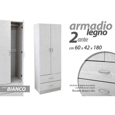 ARMADIO 2 ANTE 2 CASSETTI LEGNO TRUCIOLARE BIANCO 60X42X180