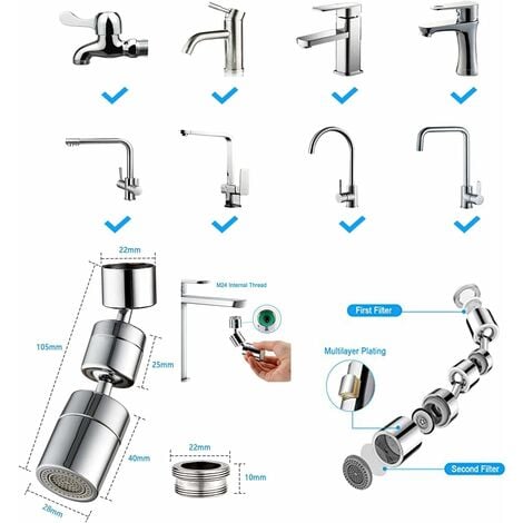 Aeratore per rubinetto rotante a 720 gradi, 2 funzioni di spruzzo, aeratore per rubinetto maschio da 22 mm femmina e 24 mm per rubinetto cucina/bagno