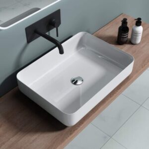 doporro Lavabo da Appoggio, Lavandino Bagno 55x40x13cm, Lavabo da Minerale Fuso Colossum812, Bianco