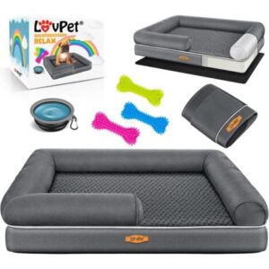 LOVPET® Letto ortopedico per cani, Con ciotola + 3X ossi da masticare, Divano per cani di piccola, media e grande taglia, sfoderabile, Antracite / M (91 x 71 x 25 cm)