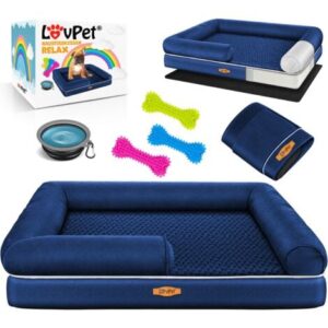 LOVPET® Letto ortopedico per cani, Con ciotola + 3X ossi da masticare, Divano per cani di piccola, media e grande taglia, sfoderabile, Blu Marino / M (91 x 71 x 25 cm)