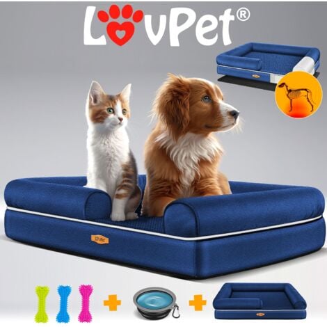 LOVPET® Letto ortopedico per cani, Con ciotola + 3X ossi da masticare, Divano per cani di piccola, media e grande taglia, sfoderabile, Blu Marino / M (91 x 71 x 25 cm)