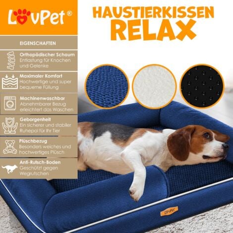 LOVPET® Letto ortopedico per cani, Con ciotola + 3X ossi da masticare, Divano per cani di piccola, media e grande taglia, sfoderabile, Blu Marino / M (91 x 71 x 25 cm)