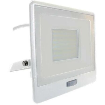 V-TAC VT-158S-1 faro led 50W chip samsung con sensore di movimento PIR e crepuscolare luce 6500K slim alluminio bianco IP65 - SKU 20303