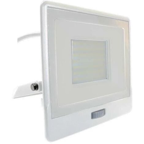 V-TAC VT-158S-1 faro led 50W chip samsung con sensore di movimento PIR e crepuscolare luce 6500K slim alluminio bianco IP65 - SKU 20303