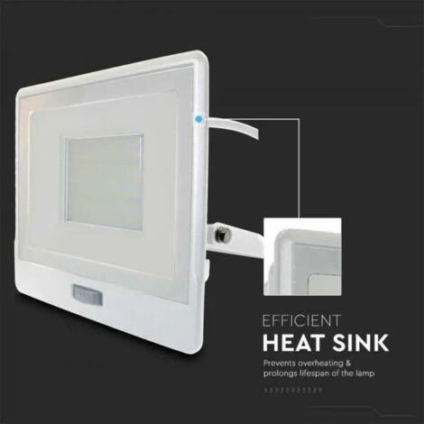 V-TAC VT-158S-1 faro led 50W chip samsung con sensore di movimento PIR e crepuscolare luce 6500K slim alluminio bianco IP65 - SKU 20303