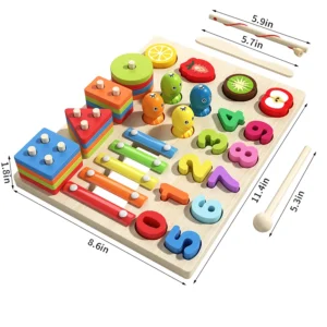 Tavola in legno multifunzione 5 in 1: incastri forme, numeri, frutta e xilofono magnetico